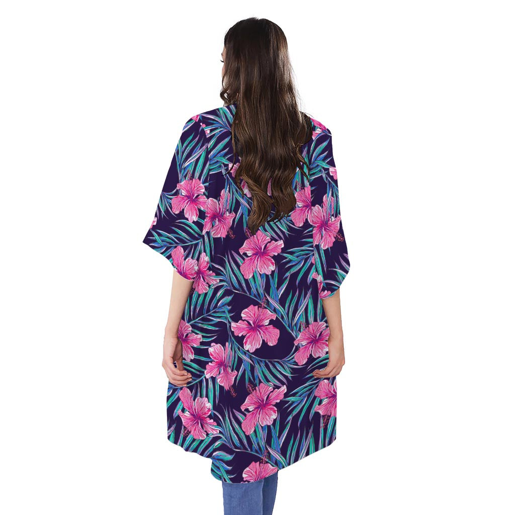 Teal Tropical Hibiscus Pattern Print Open Front Beach Cover Up