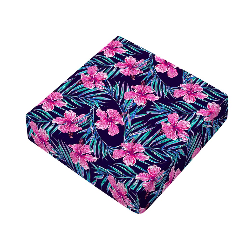 Teal Tropical Hibiscus Pattern Print Outdoor Seat Cushion Cover