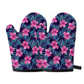 Teal Tropical Hibiscus Pattern Print Oven Mitts