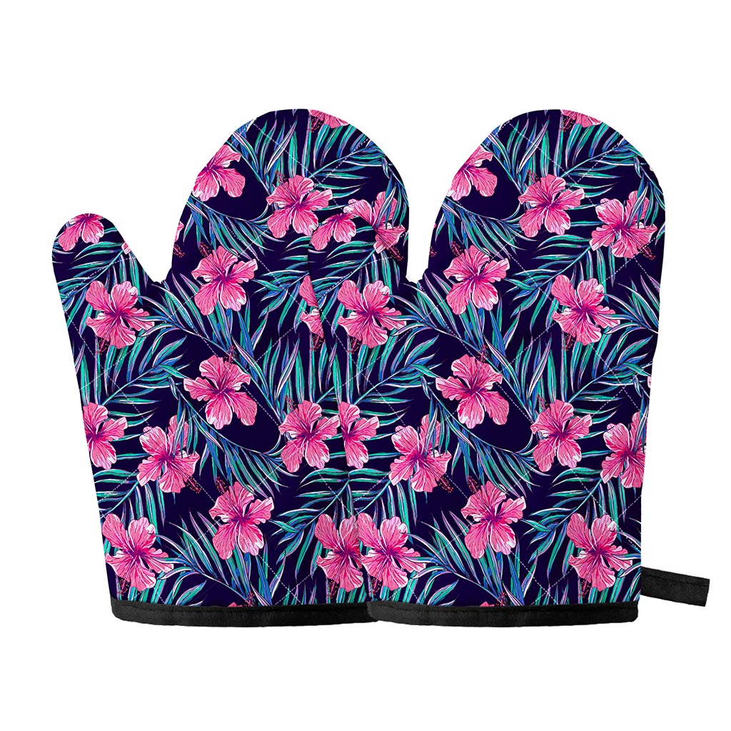 Teal Tropical Hibiscus Pattern Print Oven Mitts