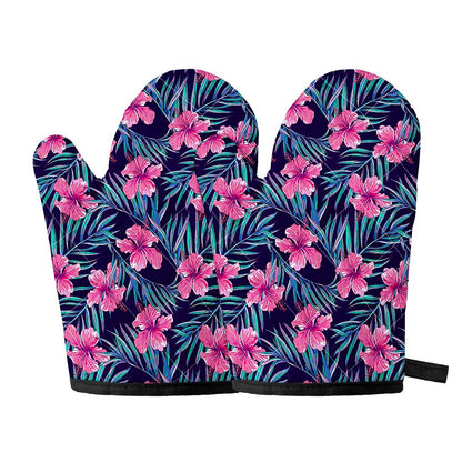Teal Tropical Hibiscus Pattern Print Oven Mitts