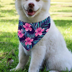 Teal Tropical Hibiscus Pattern Print Over The Collar Dog Bandana