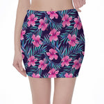 Teal Tropical Hibiscus Pattern Print Pencil Mini Skirt