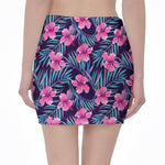 Teal Tropical Hibiscus Pattern Print Pencil Mini Skirt