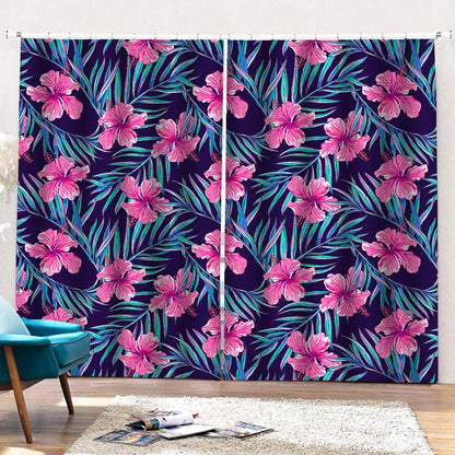 Teal Tropical Hibiscus Pattern Print Pencil Pleat Curtains