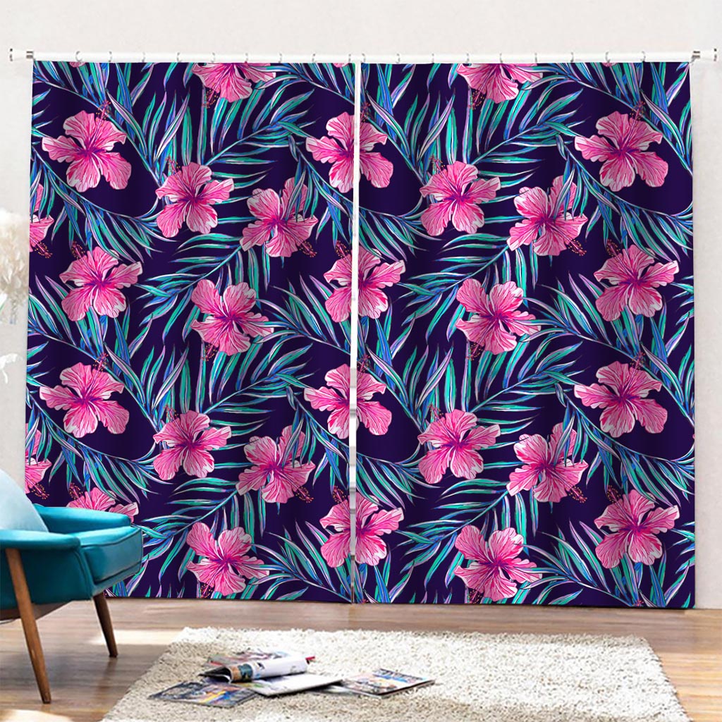 Teal Tropical Hibiscus Pattern Print Pencil Pleat Curtains