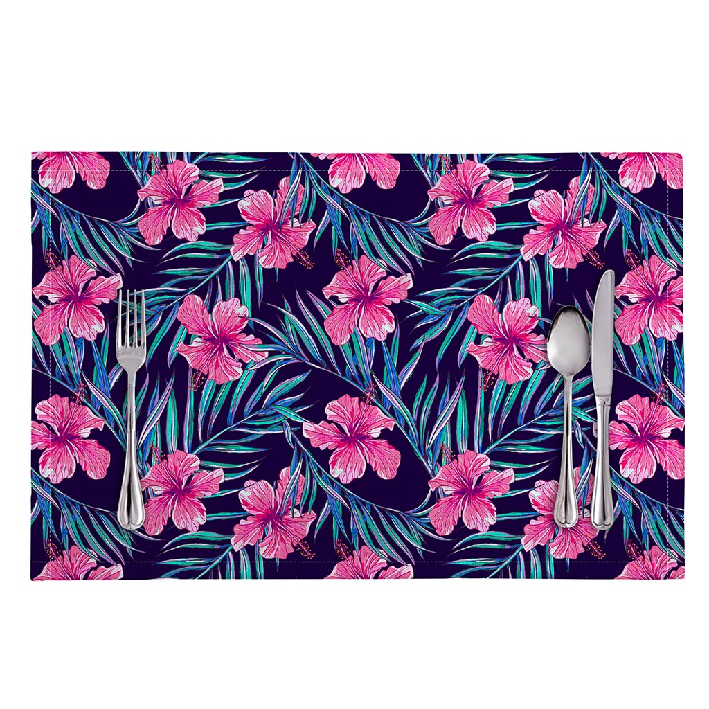 Teal Tropical Hibiscus Pattern Print Placemat