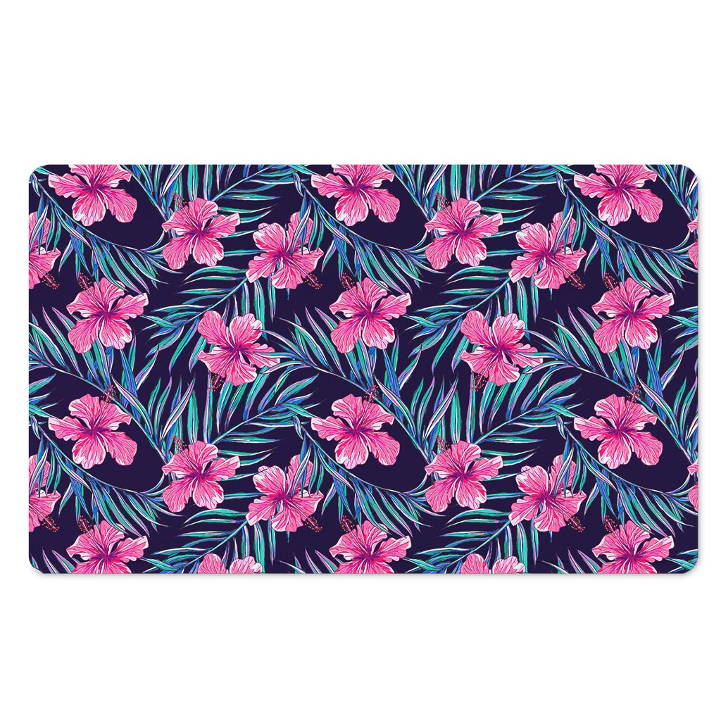 Teal Tropical Hibiscus Pattern Print Polyester Doormat
