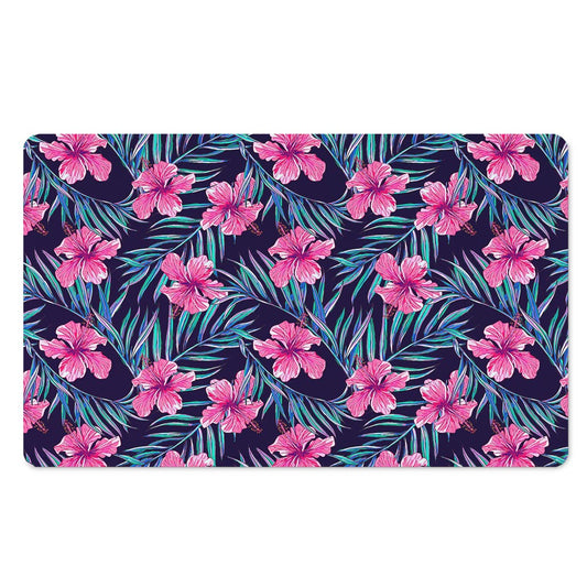 Teal Tropical Hibiscus Pattern Print Polyester Doormat