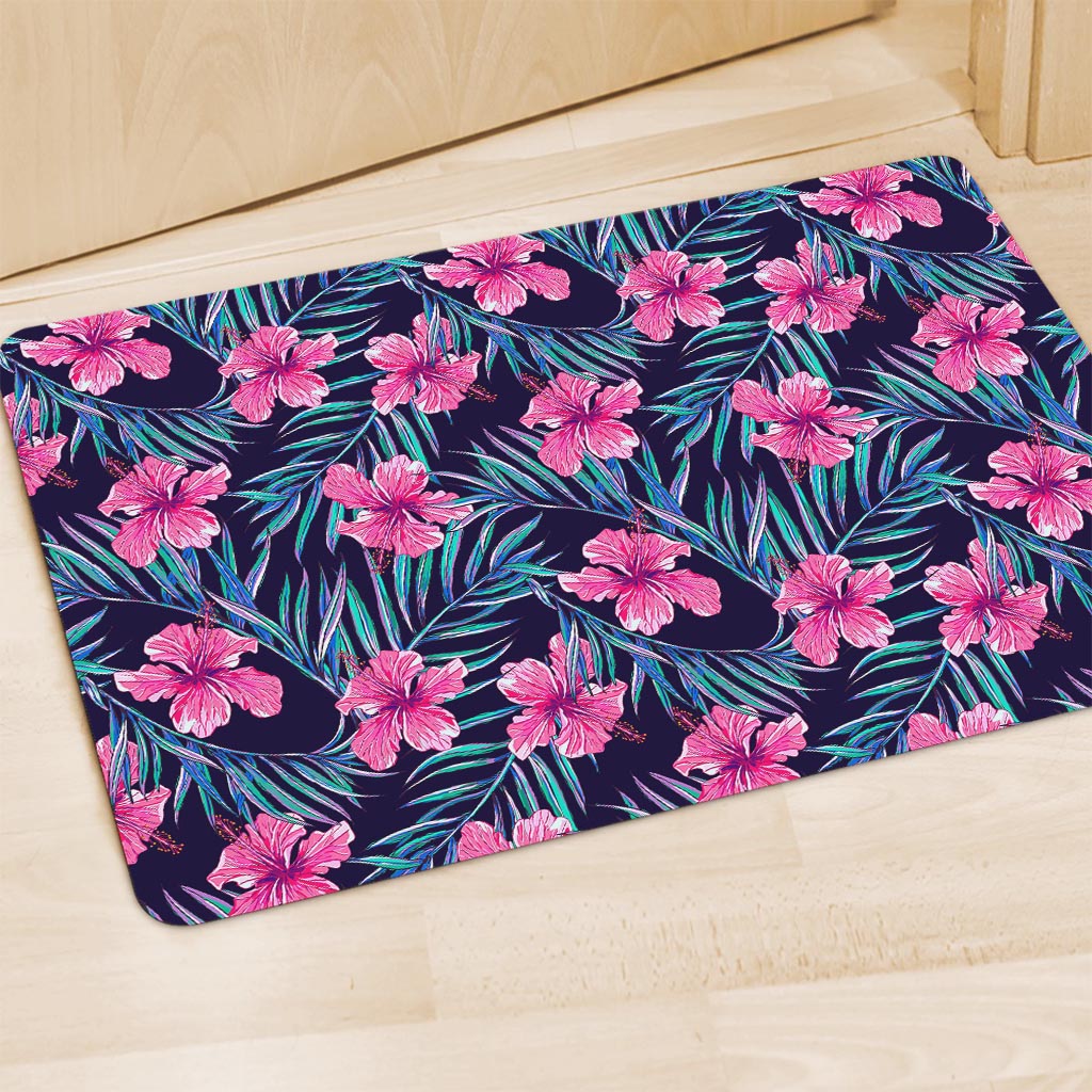 Teal Tropical Hibiscus Pattern Print Polyester Doormat