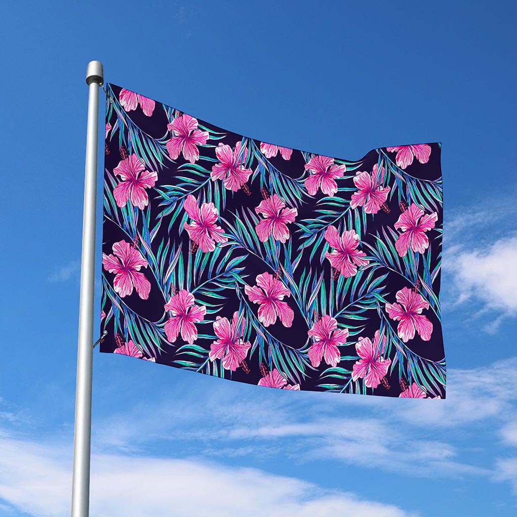 Teal Tropical Hibiscus Pattern Print Polyester Flag