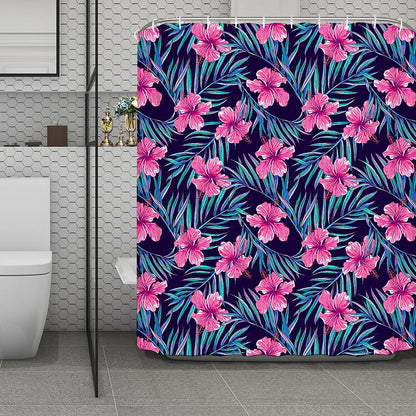 Teal Tropical Hibiscus Pattern Print Polyester Shower Curtain