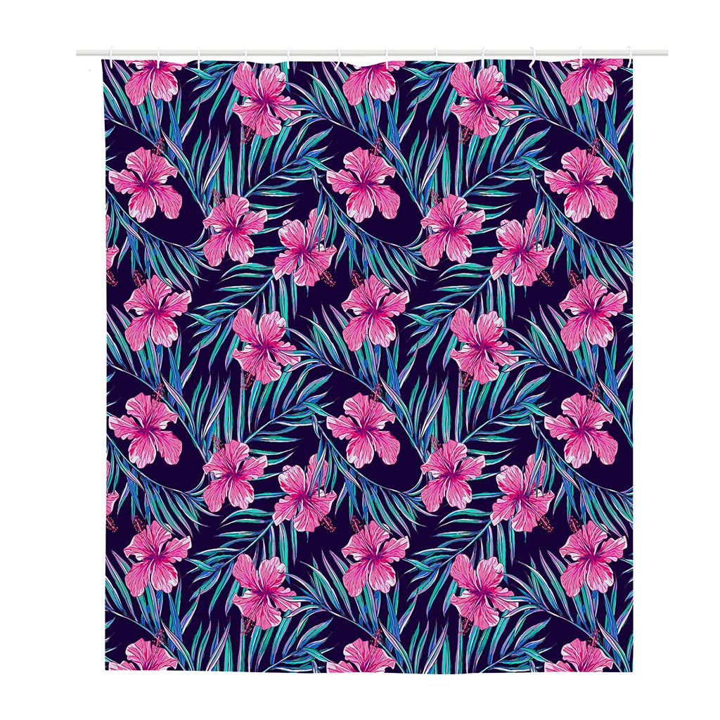 Teal Tropical Hibiscus Pattern Print Polyester Shower Curtain