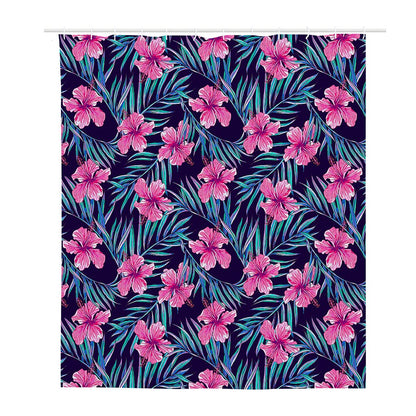 Teal Tropical Hibiscus Pattern Print Polyester Shower Curtain