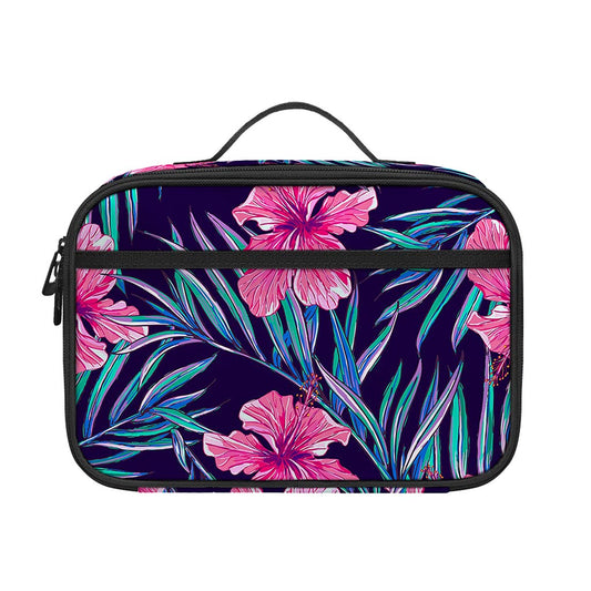 Teal Tropical Hibiscus Pattern Print Portable Lunch Bag