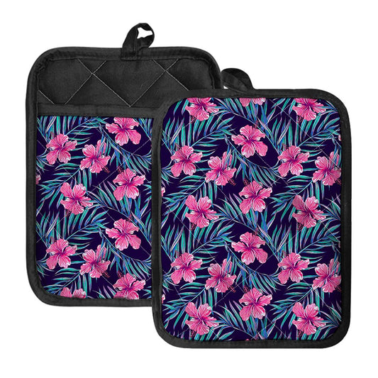 Teal Tropical Hibiscus Pattern Print Pot Holders With Pocket