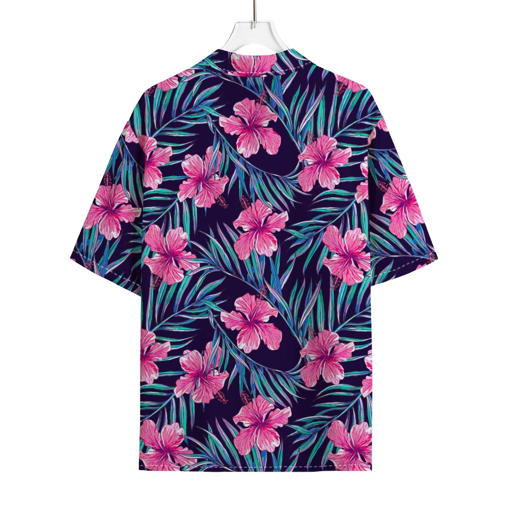 Teal Tropical Hibiscus Pattern Print Rayon Hawaiian Shirt