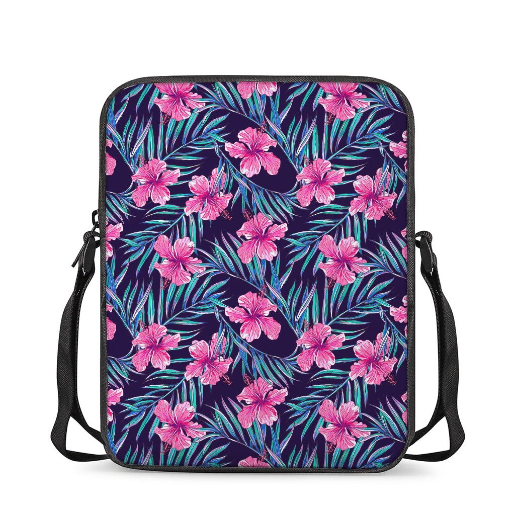 Teal Tropical Hibiscus Pattern Print Rectangular Crossbody Bag
