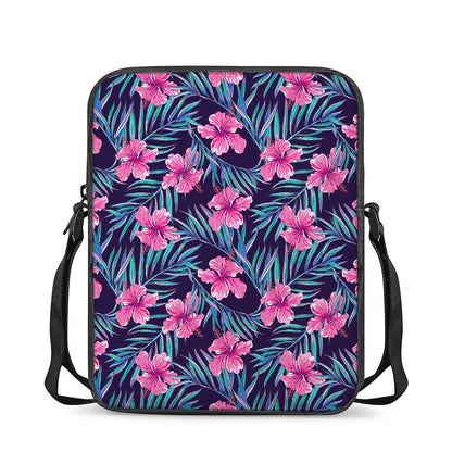 Teal Tropical Hibiscus Pattern Print Rectangular Crossbody Bag