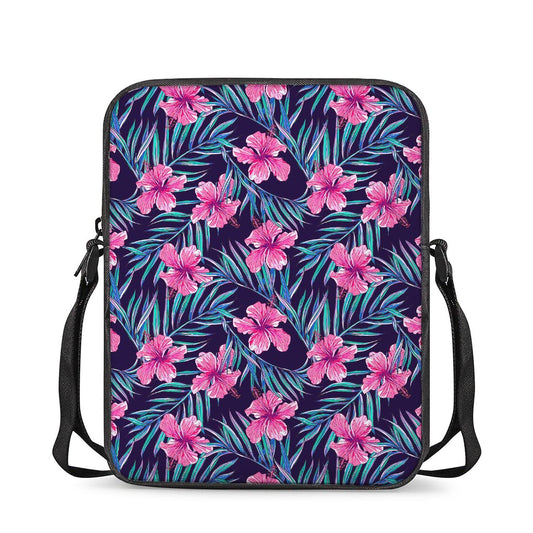 Teal Tropical Hibiscus Pattern Print Rectangular Crossbody Bag