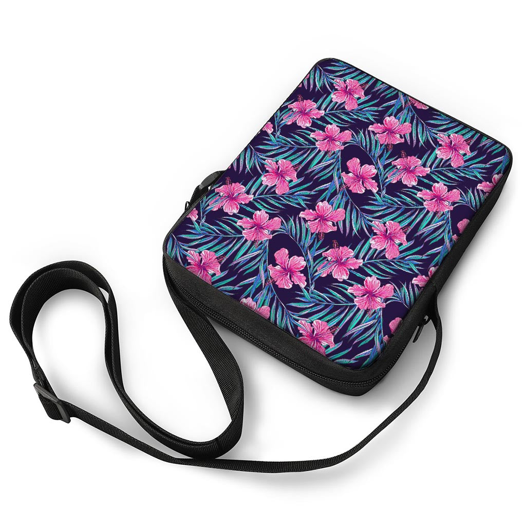 Teal Tropical Hibiscus Pattern Print Rectangular Crossbody Bag