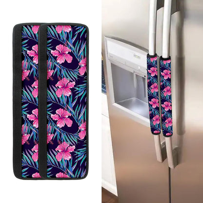 Teal Tropical Hibiscus Pattern Print Refrigerator Handle Covers