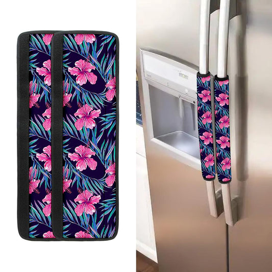 Teal Tropical Hibiscus Pattern Print Refrigerator Handle Covers