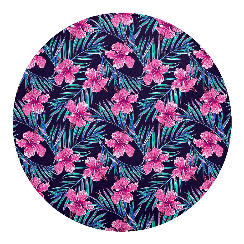 Teal Tropical Hibiscus Pattern Print Round Blanket