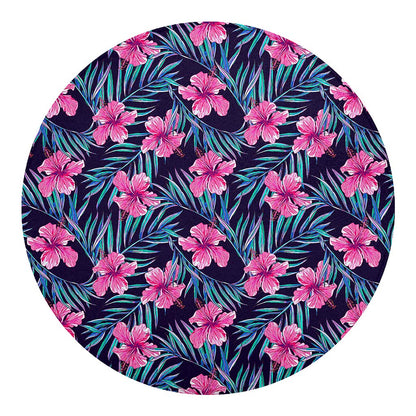 Teal Tropical Hibiscus Pattern Print Round Blanket