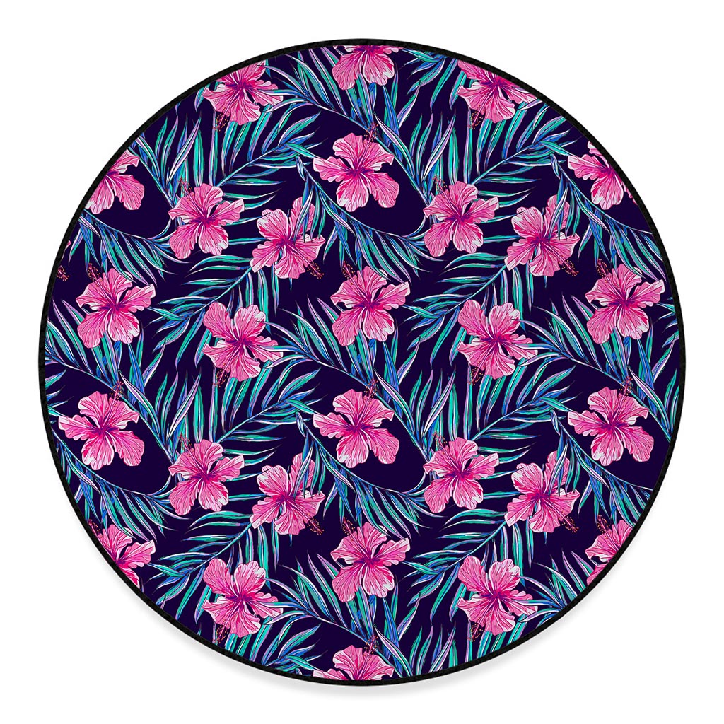 Teal Tropical Hibiscus Pattern Print Round Floor Mat
