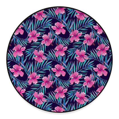 Teal Tropical Hibiscus Pattern Print Round Floor Mat