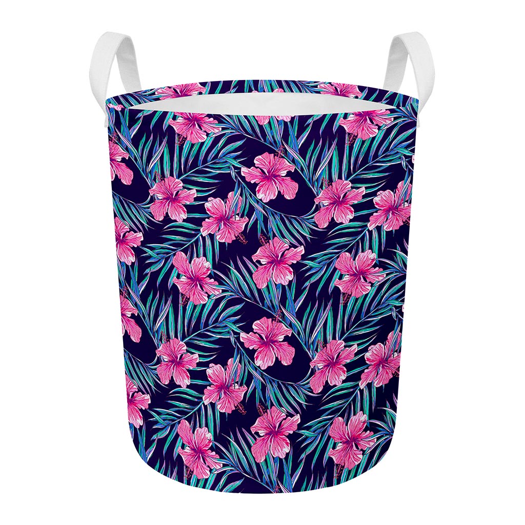 Teal Tropical Hibiscus Pattern Print Round Laundry Basket