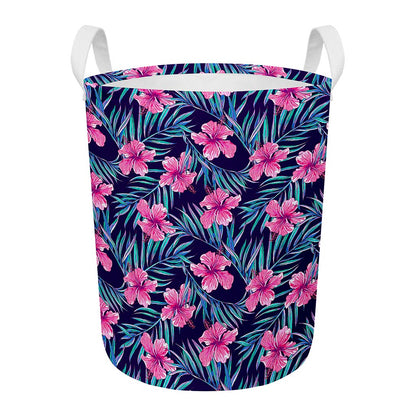 Teal Tropical Hibiscus Pattern Print Round Laundry Basket