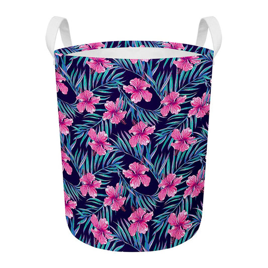 Teal Tropical Hibiscus Pattern Print Round Laundry Basket