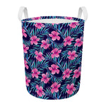 Teal Tropical Hibiscus Pattern Print Round Laundry Basket