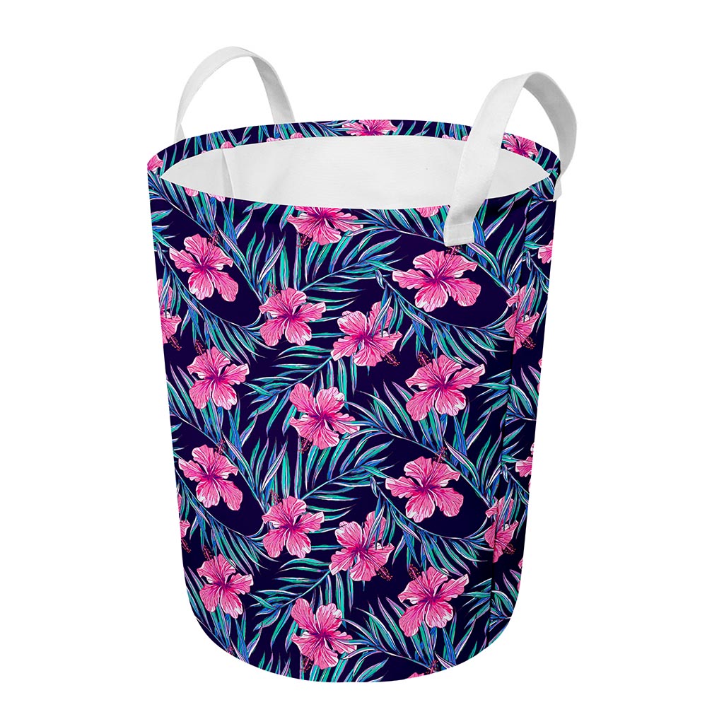 Teal Tropical Hibiscus Pattern Print Round Laundry Basket