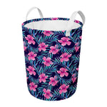 Teal Tropical Hibiscus Pattern Print Round Laundry Basket