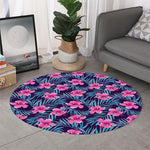 Teal Tropical Hibiscus Pattern Print Round Rug
