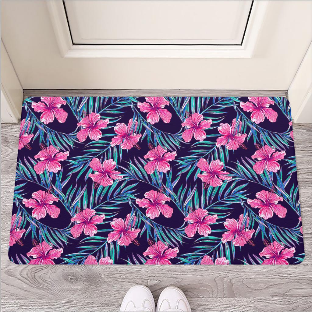Teal Tropical Hibiscus Pattern Print Rubber Doormat