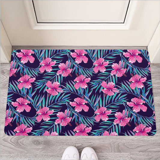 Teal Tropical Hibiscus Pattern Print Rubber Doormat
