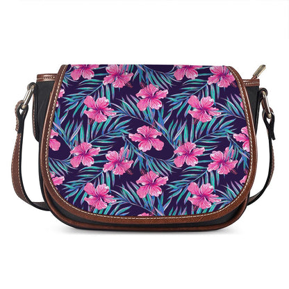Teal Tropical Hibiscus Pattern Print Saddle Bag