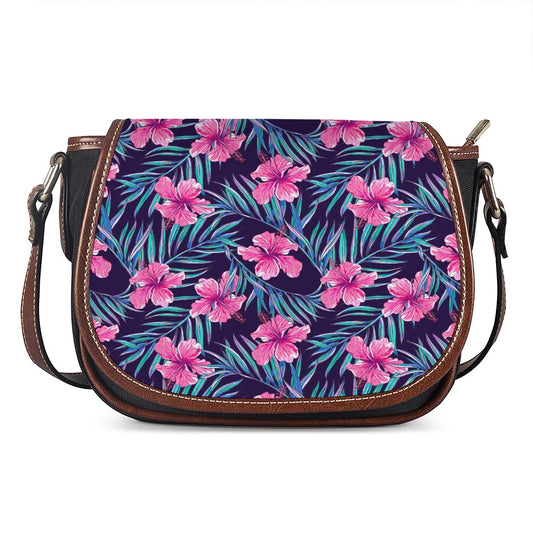 Teal Tropical Hibiscus Pattern Print Saddle Bag