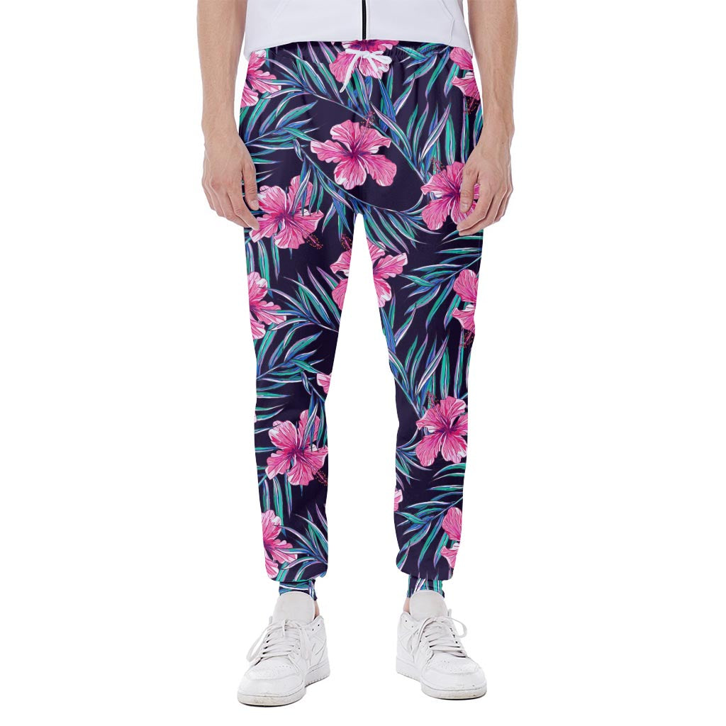Teal Tropical Hibiscus Pattern Print Scuba Joggers