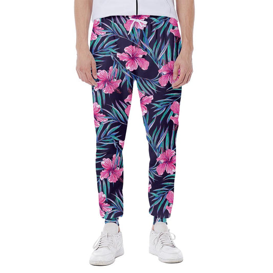 Teal Tropical Hibiscus Pattern Print Scuba Joggers