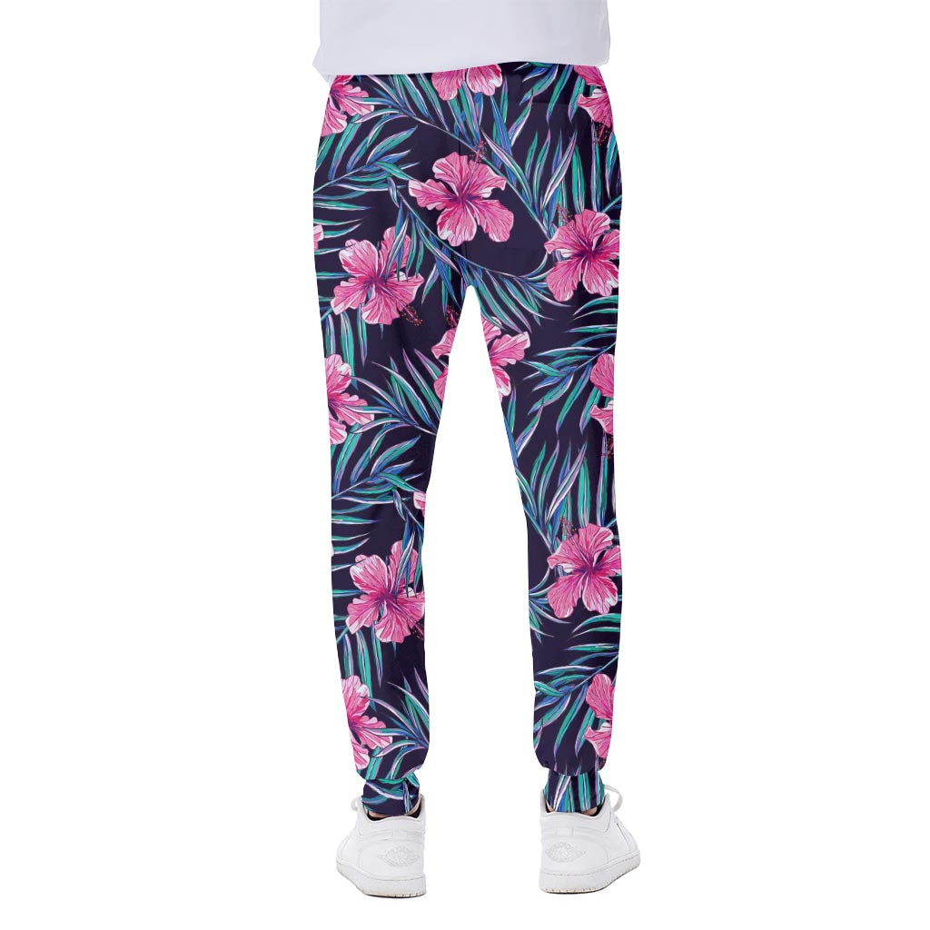 Teal Tropical Hibiscus Pattern Print Scuba Joggers
