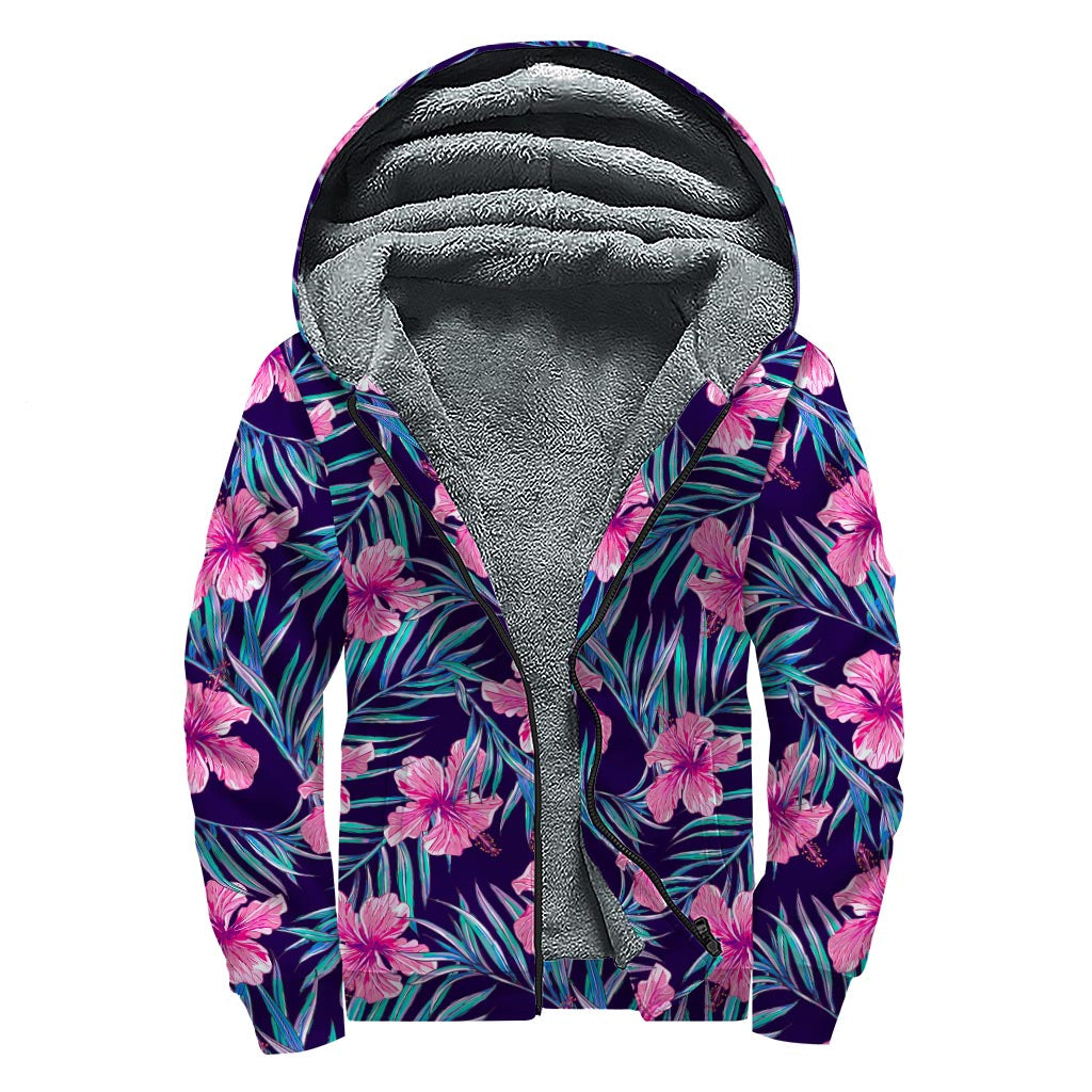 Teal Tropical Hibiscus Pattern Print Sherpa Lined Zip Up Hoodie