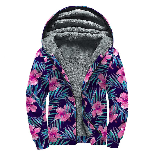 Teal Tropical Hibiscus Pattern Print Sherpa Lined Zip Up Hoodie