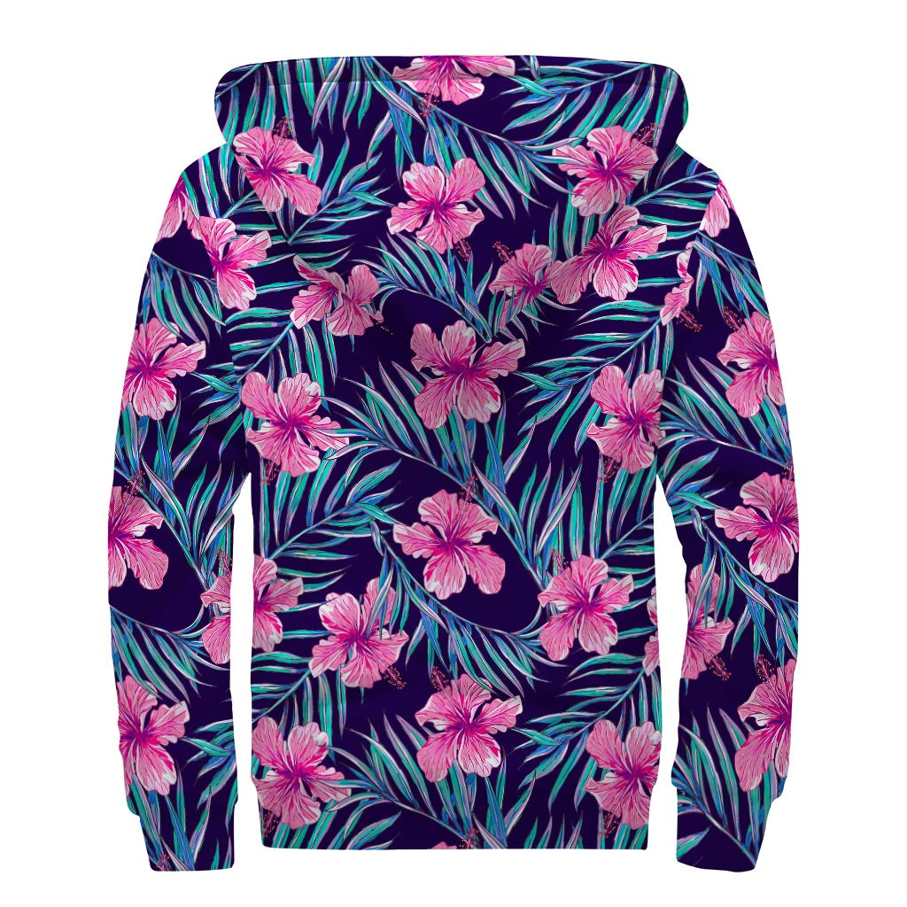 Teal Tropical Hibiscus Pattern Print Sherpa Lined Zip Up Hoodie