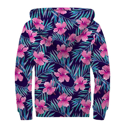 Teal Tropical Hibiscus Pattern Print Sherpa Lined Zip Up Hoodie