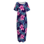 Teal Tropical Hibiscus Pattern Print Short Sleeve Long Nightdress